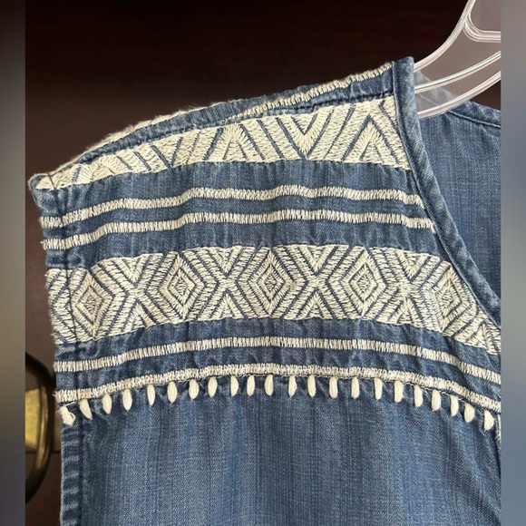 CHELSEA & THEODORE Embroidered Fringe Chambray Boho Tunic Dress Coverup | Sz M - Picture 6 of 13